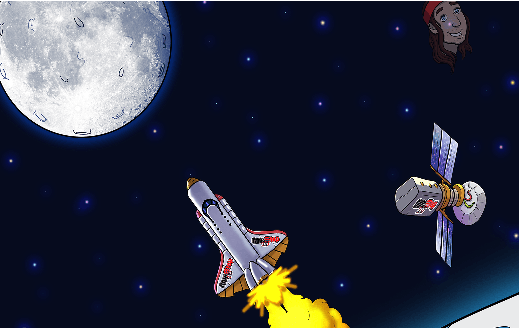 Space scene with rockets and moon representing going to the moon
