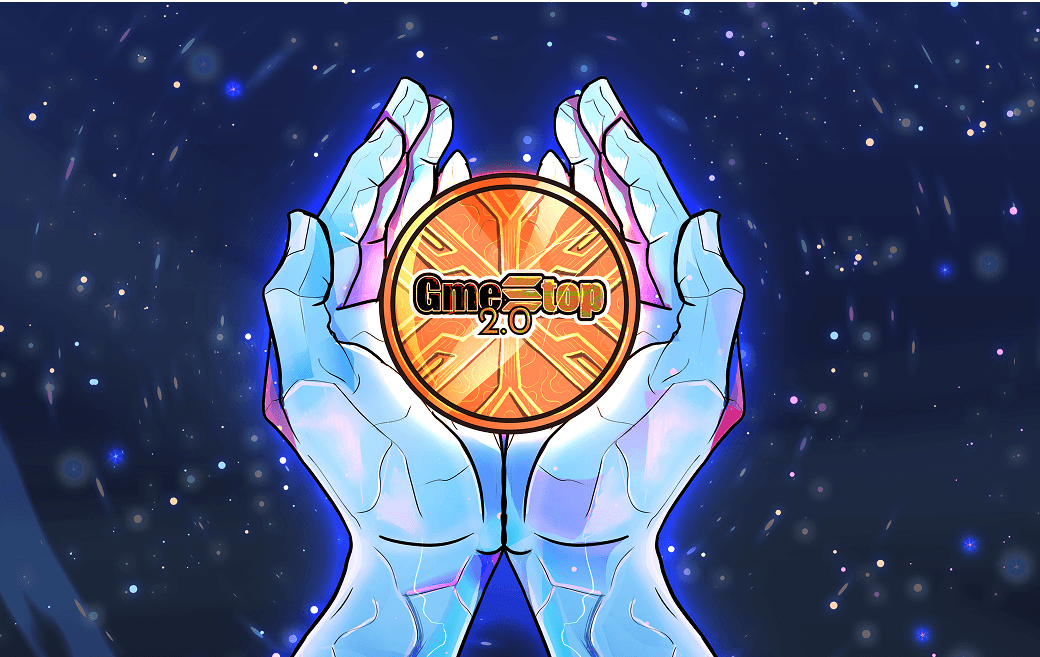 Hands holding GMESTOP 2.0 logo in space setting