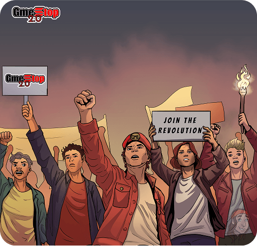 Revolutionary community holding GameStop 2.0 signs